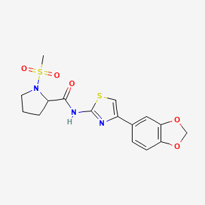 molecular formula C16H17N3O5S2 B2971701 N-(4-(苯并[d][1,3]二氧杂环-5-基)噻唑-2-基)-1-(甲磺酰基)吡咯烷-2-甲酰胺 CAS No. 1188363-01-0