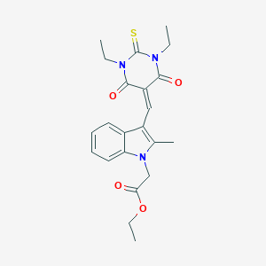 molecular formula C22H25N3O4S B297171 ethyl {3-[(1,3-diethyl-4,6-dioxo-2-thioxotetrahydro-5(2H)-pyrimidinylidene)methyl]-2-methyl-1H-indol-1-yl}acetate 