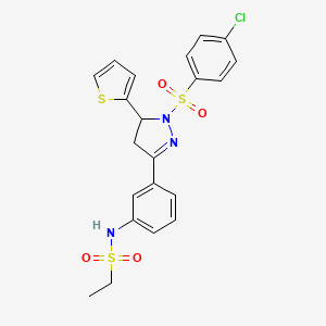 molecular formula C21H20ClN3O4S3 B2971723 N-[3-[2-(4-chlorophenyl)sulfonyl-3-thiophen-2-yl-3,4-dihydropyrazol-5-yl]phenyl]ethanesulfonamide CAS No. 851783-15-8