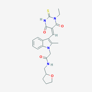 molecular formula C23H26N4O4S B297173 2-{3-[(1-ethyl-4,6-dioxo-2-thioxotetrahydro-5(2H)-pyrimidinylidene)methyl]-2-methyl-1H-indol-1-yl}-N-(tetrahydro-2-furanylmethyl)acetamide 