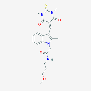 molecular formula C22H26N4O4S B297178 2-{3-[(1,3-dimethyl-4,6-dioxo-2-thioxotetrahydro-5(2H)-pyrimidinylidene)methyl]-2-methyl-1H-indol-1-yl}-N-(3-methoxypropyl)acetamide 