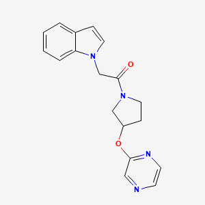 molecular formula C18H18N4O2 B2971822 2-(1H-indol-1-yl)-1-(3-(pyrazin-2-yloxy)pyrrolidin-1-yl)ethanone CAS No. 2034448-84-3