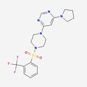 molecular formula C19H22F3N5O2S B2971837 4-(Pyrrolidin-1-yl)-6-(4-((2-(trifluoromethyl)phenyl)sulfonyl)piperazin-1-yl)pyrimidine CAS No. 1203159-77-6