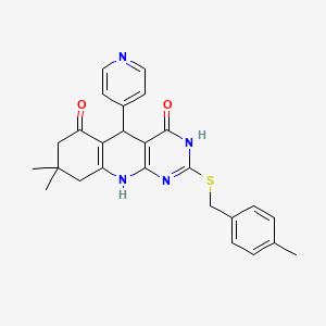 molecular formula C26H26N4O2S B2971882 8,8-dimethyl-2-[(4-methylbenzyl)sulfanyl]-5-(pyridin-4-yl)-5,8,9,10-tetrahydropyrimido[4,5-b]quinoline-4,6(3H,7H)-dione CAS No. 627049-75-6