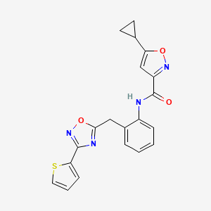 molecular formula C20H16N4O3S B2971908 5-cyclopropyl-N-(2-((3-(thiophen-2-yl)-1,2,4-oxadiazol-5-yl)methyl)phenyl)isoxazole-3-carboxamide CAS No. 1797545-43-7