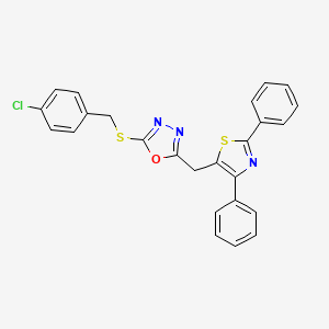 molecular formula C25H18ClN3OS2 B2971918 2-[(4-Chlorophenyl)methylsulfanyl]-5-[(2,4-diphenyl-1,3-thiazol-5-yl)methyl]-1,3,4-oxadiazole CAS No. 338401-66-4
