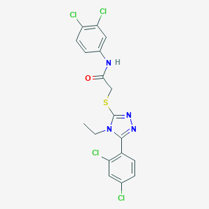molecular formula C18H14Cl4N4OS B297194 N-(3,4-dichlorophenyl)-2-{[5-(2,4-dichlorophenyl)-4-ethyl-4H-1,2,4-triazol-3-yl]sulfanyl}acetamide 
