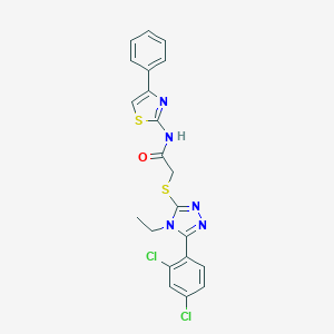molecular formula C21H17Cl2N5OS2 B297195 2-{[5-(2,4-dichlorophenyl)-4-ethyl-4H-1,2,4-triazol-3-yl]sulfanyl}-N-(4-phenyl-1,3-thiazol-2-yl)acetamide 