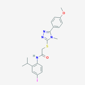 molecular formula C21H23IN4O2S B297199 N-[4-iodo-2-(propan-2-yl)phenyl]-2-{[5-(4-methoxyphenyl)-4-methyl-4H-1,2,4-triazol-3-yl]sulfanyl}acetamide 