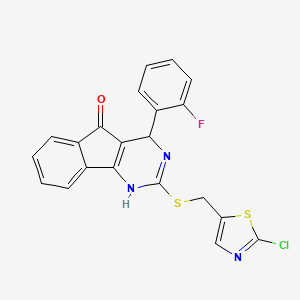 molecular formula C21H13ClFN3OS2 B2971998 2-[(2-Chloro-1,3-thiazol-5-yl)methylsulfanyl]-4-(2-fluorophenyl)-1,4-dihydroindeno[1,2-d]pyrimidin-5-one CAS No. 860788-34-7