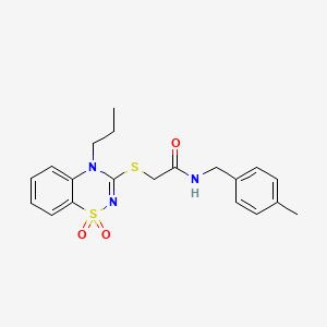 molecular formula C20H23N3O3S2 B2972025 2-((1,1-dioxido-4-propyl-4H-benzo[e][1,2,4]thiadiazin-3-yl)thio)-N-(4-methylbenzyl)acetamide CAS No. 899966-32-6