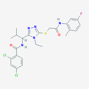 molecular formula C24H26Cl2FN5O2S B297205 2,4-dichloro-N-{1-[4-ethyl-5-({2-[(5-fluoro-2-methylphenyl)amino]-2-oxoethyl}sulfanyl)-4H-1,2,4-triazol-3-yl]-2-methylpropyl}benzamide 