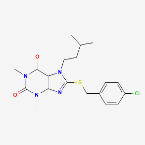 molecular formula C19H23ClN4O2S B2972102 8-((4-chlorobenzyl)thio)-7-isopentyl-1,3-dimethyl-1H-purine-2,6(3H,7H)-dione CAS No. 487019-72-7