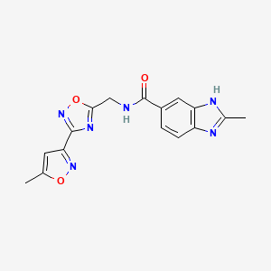 molecular formula C16H14N6O3 B2972126 2-methyl-N-((3-(5-methylisoxazol-3-yl)-1,2,4-oxadiazol-5-yl)methyl)-1H-benzo[d]imidazole-6-carboxamide CAS No. 2034466-84-5