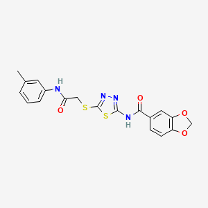 molecular formula C19H16N4O4S2 B2972195 N-(5-((2-oxo-2-(m-tolylamino)ethyl)thio)-1,3,4-thiadiazol-2-yl)benzo[d][1,3]dioxole-5-carboxamide CAS No. 477212-45-6