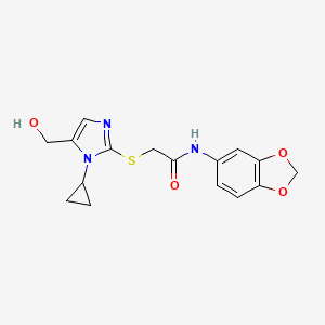 molecular formula C16H17N3O4S B2972200 N-(benzo[d][1,3]dioxol-5-yl)-2-((1-cyclopropyl-5-(hydroxymethyl)-1H-imidazol-2-yl)thio)acetamide CAS No. 921820-63-5