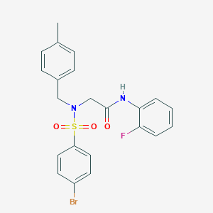 molecular formula C22H20BrFN2O3S B297223 2-[[(4-bromophenyl)sulfonyl](4-methylbenzyl)amino]-N-(2-fluorophenyl)acetamide 