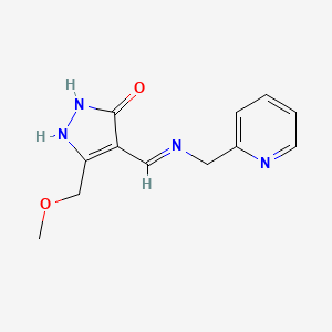 molecular formula C12H14N4O2 B2972254 5-(methoxymethyl)-4-{[(2-pyridinylmethyl)amino]methylene}-2,4-dihydro-3H-pyrazol-3-one CAS No. 240799-74-0