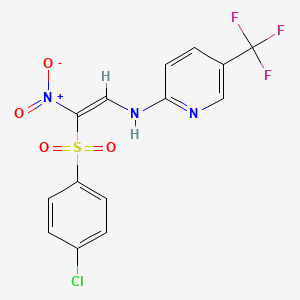 molecular formula C14H9ClF3N3O4S B2972277 1-((4-Chlorophenyl)sulfonyl)-1-nitro-2-((5-(trifluoromethyl)(2-pyridyl))amino)ethene CAS No. 1025681-67-7