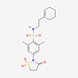 molecular formula C19H26N2O5S2 B2972281 N-(2-cyclohex-1-en-1-ylethyl)-4-(1,1-dioxido-3-oxoisothiazolidin-2-yl)-2,6-dimethylbenzenesulfonamide CAS No. 1015535-29-1