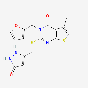 molecular formula C17H16N4O3S2 B2972284 3-(Furan-2-ylmethyl)-5,6-dimethyl-2-[(5-oxo-1,2-dihydropyrazol-3-yl)methylsulfanyl]thieno[2,3-d]pyrimidin-4-one CAS No. 956395-07-6