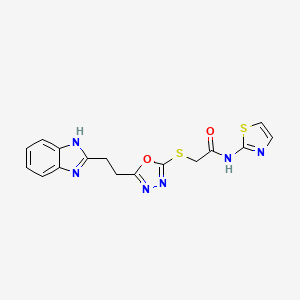 molecular formula C16H14N6O2S2 B2972304 2-((5-(2-(1H-benzo[d]imidazol-2-yl)ethyl)-1,3,4-oxadiazol-2-yl)thio)-N-(thiazol-2-yl)acetamide CAS No. 1251686-32-4