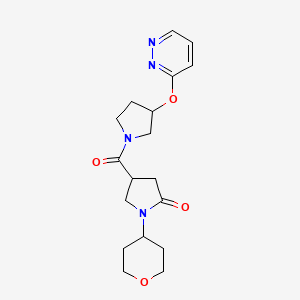 molecular formula C18H24N4O4 B2972365 4-(3-(pyridazin-3-yloxy)pyrrolidine-1-carbonyl)-1-(tetrahydro-2H-pyran-4-yl)pyrrolidin-2-one CAS No. 2034367-34-3