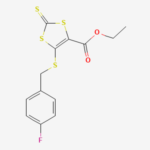 molecular formula C13H11FO2S4 B2972369 Ethyl 5-[(4-fluorobenzyl)sulfanyl]-2-thioxo-1,3-dithiole-4-carboxylate CAS No. 338793-28-5