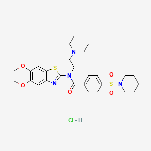 molecular formula C27H35ClN4O5S2 B2972371 N-(2-(diethylamino)ethyl)-N-(6,7-dihydro-[1,4]dioxino[2',3':4,5]benzo[1,2-d]thiazol-2-yl)-4-(piperidin-1-ylsulfonyl)benzamide hydrochloride CAS No. 1321835-69-1