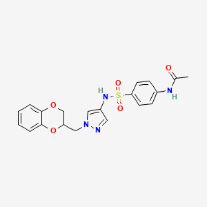 molecular formula C20H20N4O5S B2972380 N-(4-(N-(1-((2,3-dihydrobenzo[b][1,4]dioxin-2-yl)methyl)-1H-pyrazol-4-yl)sulfamoyl)phenyl)acetamide CAS No. 1706289-56-6