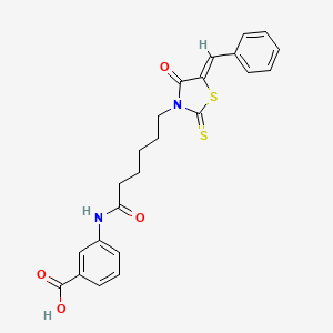 molecular formula C23H22N2O4S2 B2972381 (Z)-3-(6-(5-benzylidene-4-oxo-2-thioxothiazolidin-3-yl)hexanamido)benzoic acid CAS No. 303792-86-1