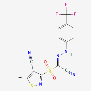 molecular formula C14H8F3N5O2S2 B2972403 (1E)-1-[(4-cyano-5-methyl-1,2-thiazol-3-yl)sulfonyl]-N-[4-(trifluoromethyl)anilino]methanimidoyl cyanide CAS No. 337928-35-5