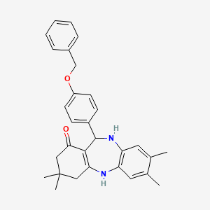 molecular formula C30H32N2O2 B2972420 2,3,9,9-tetramethyl-6-(4-phenylmethoxyphenyl)-6,8,10,11-tetrahydro-5H-benzo[b][1,4]benzodiazepin-7-one CAS No. 338748-37-1