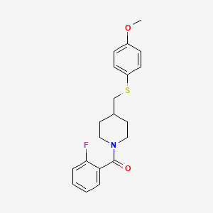 molecular formula C20H22FNO2S B2972426 (2-氟苯基)(4-(((4-甲氧苯基)硫代)甲基)哌啶-1-基)甲苯酮 CAS No. 1421526-07-9