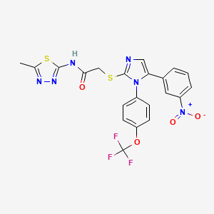 molecular formula C21H15F3N6O4S2 B2972459 N-(5-methyl-1,3,4-thiadiazol-2-yl)-2-((5-(3-nitrophenyl)-1-(4-(trifluoromethoxy)phenyl)-1H-imidazol-2-yl)thio)acetamide CAS No. 1226453-31-1