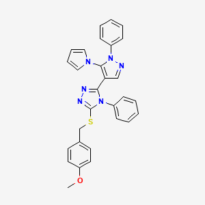 molecular formula C29H24N6OS B2972496 methyl 4-[({4-phenyl-5-[1-phenyl-5-(1H-pyrrol-1-yl)-1H-pyrazol-4-yl]-4H-1,2,4-triazol-3-yl}sulfanyl)methyl]phenyl ether CAS No. 956782-10-8