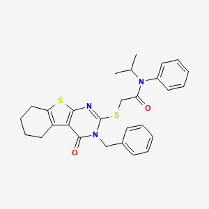 molecular formula C28H29N3O2S2 B2972528 2-[(3-benzyl-4-oxo-5,6,7,8-tetrahydro-[1]benzothiolo[2,3-d]pyrimidin-2-yl)sulfanyl]-N-phenyl-N-propan-2-ylacetamide CAS No. 361174-99-4