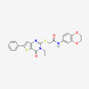 molecular formula C24H21N3O4S2 B2972551 N-(3,4-dimethoxyphenyl)-2-[2-(ethylthio)-5,7-dioxo-6-phenyl-6,7-dihydro[1,3]thiazolo[4,5-d]pyrimidin-4(5H)-yl]acetamide CAS No. 1189959-11-2