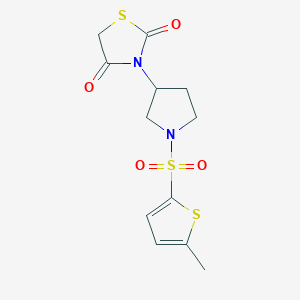 molecular formula C12H14N2O4S3 B2972554 3-(1-((5-Methylthiophen-2-yl)sulfonyl)pyrrolidin-3-yl)thiazolidine-2,4-dione CAS No. 1798640-62-6
