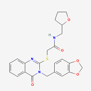 molecular formula C23H23N3O5S B2972574 2-[3-(1,3-benzodioxol-5-ylmethyl)-4-oxoquinazolin-2-yl]sulfanyl-N-(oxolan-2-ylmethyl)acetamide CAS No. 451464-31-6