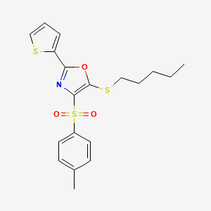 molecular formula C19H21NO3S3 B2972591 5-(Pentylthio)-2-(thiophen-2-yl)-4-tosyloxazole CAS No. 850927-77-4