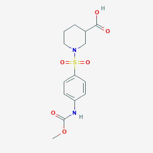 molecular formula C14H18N2O6S B2972613 1-(4-Methoxycarbonylamino-benzenesulfonyl)-piperidine-3-carboxylic acid CAS No. 321970-64-3