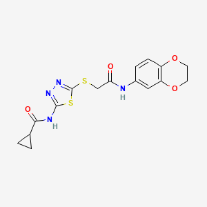 molecular formula C16H16N4O4S2 B2972631 N-[5-[2-(2,3-dihydro-1,4-benzodioxin-6-ylamino)-2-oxoethyl]sulfanyl-1,3,4-thiadiazol-2-yl]cyclopropanecarboxamide CAS No. 846602-05-9