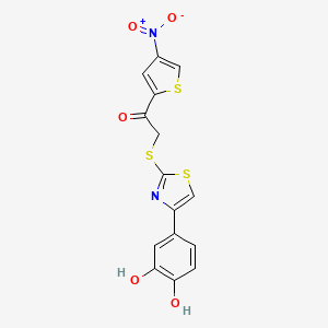 molecular formula C15H10N2O5S3 B2972639 2-((4-(3,4-Dihydroxyphenyl)thiazol-2-yl)thio)-1-(4-nitrothiophen-2-yl)ethanone CAS No. 941256-05-9