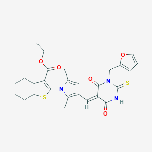 molecular formula C27H27N3O5S2 B297264 ethyl 2-{3-[(1-(2-furylmethyl)-4,6-dioxo-2-thioxotetrahydropyrimidin-5(2H)-ylidene)methyl]-2,5-dimethyl-1H-pyrrol-1-yl}-4,5,6,7-tetrahydro-1-benzothiophene-3-carboxylate 