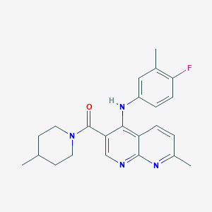 molecular formula C23H25FN4O B2972642 (4-((4-Fluoro-3-methylphenyl)amino)-7-methyl-1,8-naphthyridin-3-yl)(4-methylpiperidin-1-yl)methanone CAS No. 1251589-89-5