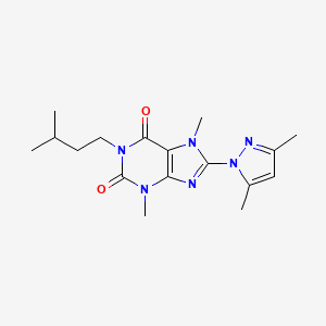 molecular formula C17H24N6O2 B2972647 8-(3,5-dimethyl-1H-pyrazol-1-yl)-3,7-dimethyl-1-(3-methylbutyl)-2,3,6,7-tetrahydro-1H-purine-2,6-dione CAS No. 1014074-36-2
