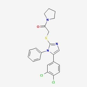 molecular formula C21H19Cl2N3OS B2972649 2-((5-(3,4-dichlorophenyl)-1-phenyl-1H-imidazol-2-yl)thio)-1-(pyrrolidin-1-yl)ethanone CAS No. 1206997-37-6