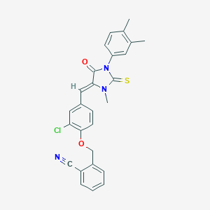 molecular formula C27H22ClN3O2S B297271 2-[(2-Chloro-4-{[1-(3,4-dimethylphenyl)-3-methyl-5-oxo-2-thioxo-4-imidazolidinylidene]methyl}phenoxy)methyl]benzonitrile 