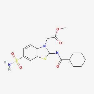 molecular formula C17H21N3O5S2 B2972724 Methyl 2-[2-(cyclohexanecarbonylimino)-6-sulfamoyl-1,3-benzothiazol-3-yl]acetate CAS No. 865198-86-3